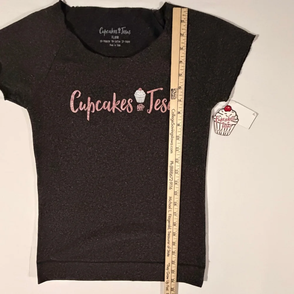 J. America Women XL Charcoal Gray Fleece T-Shirt Cupcakes and Jesus Glitter NWT